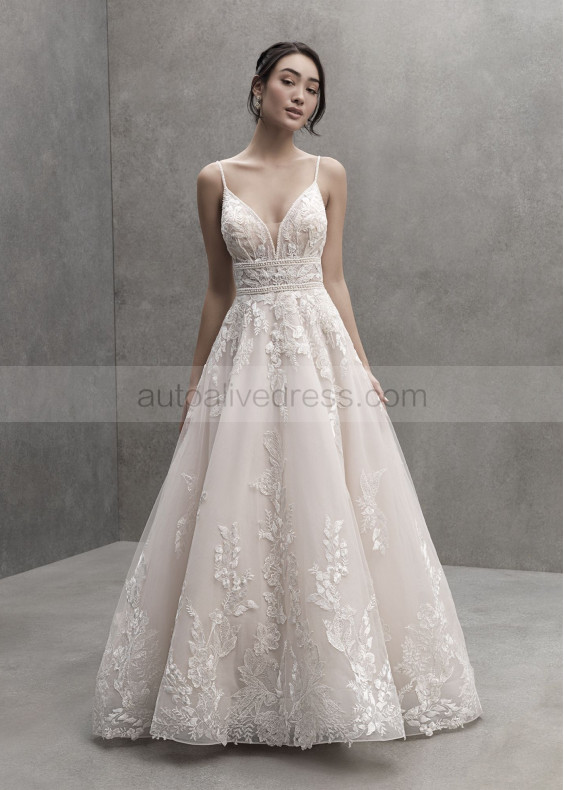 Beaded Ivory Lace Tulle Deep V Back Wedding Dress